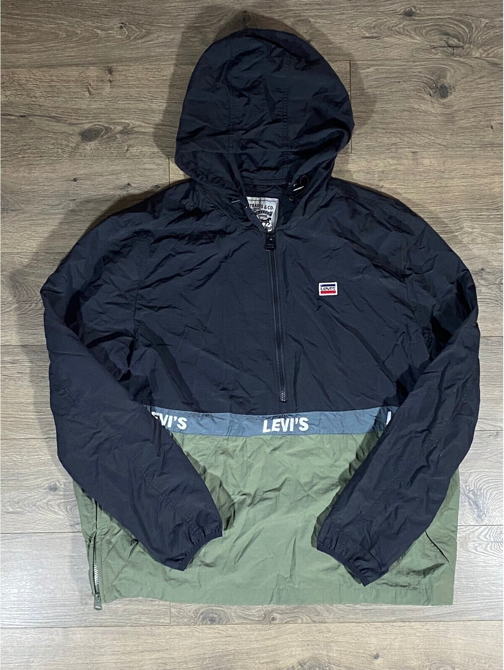 Levis Mens XL Black Green Colorblock Anorak Windbreaker Hooded Half Zip